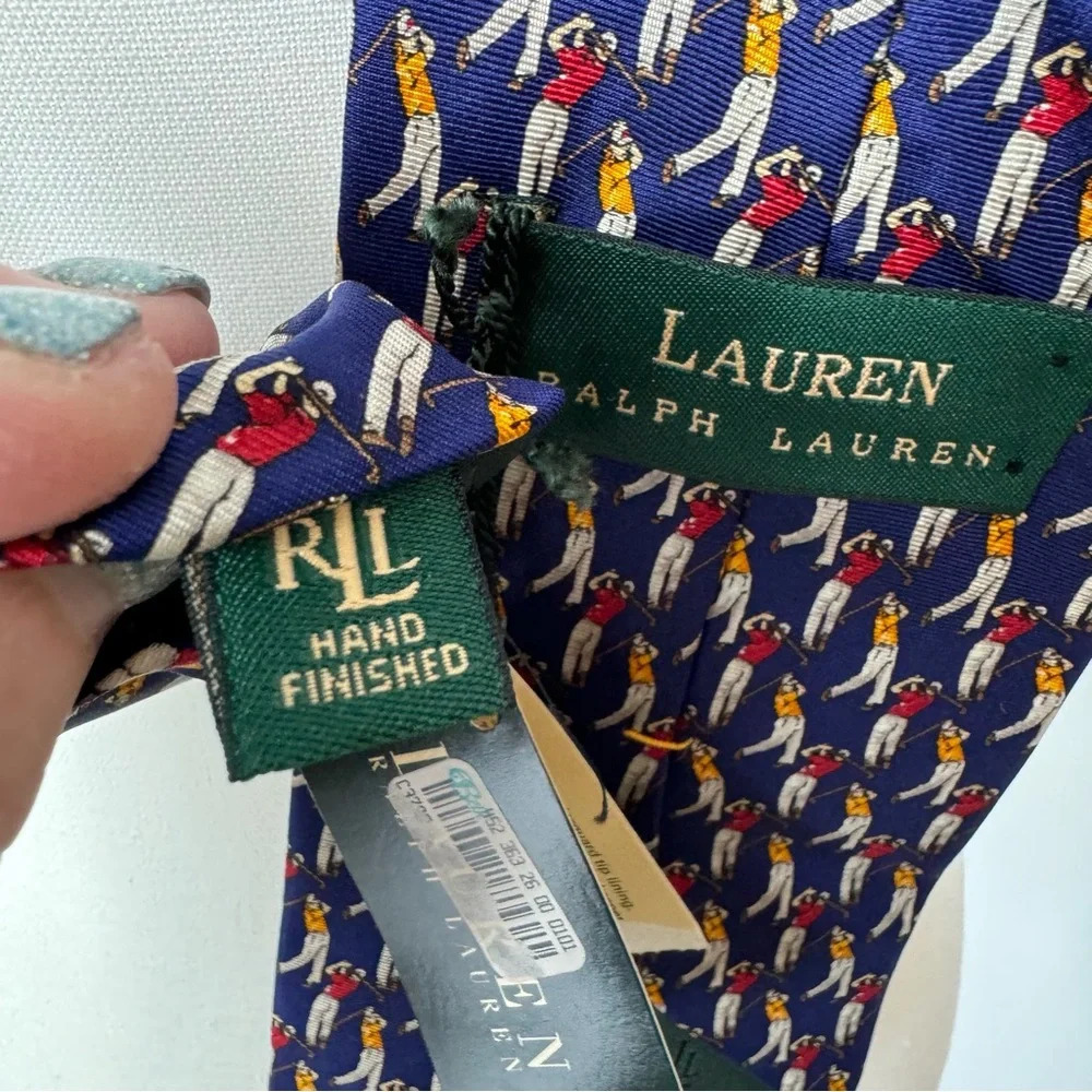 Lauren Ralph‎ Lauren Deadstock NWT Men's Silk Golf Tie Blue Red Yellow - Picture 7 of 8